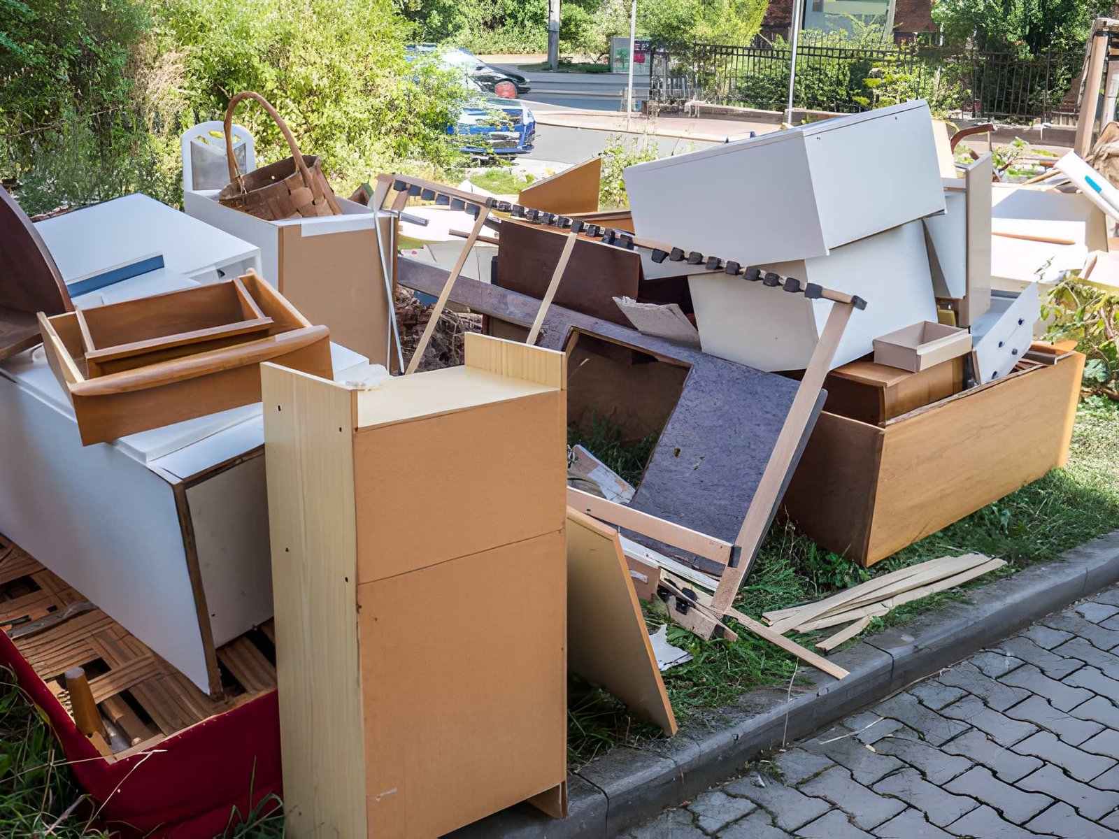 A pile of discarded furniture and other household items sits