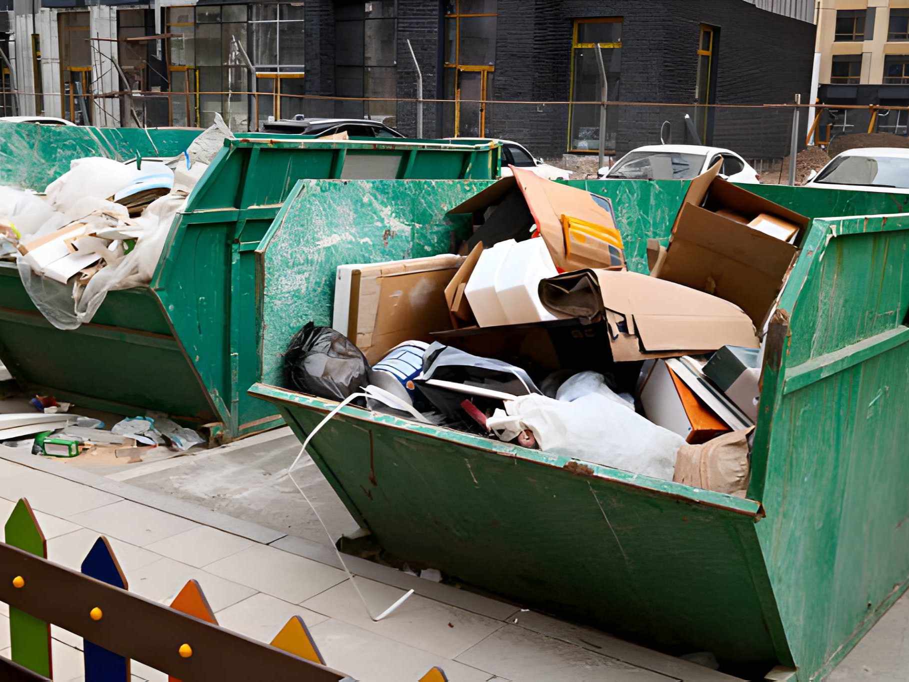 Two green dumpsters filled with construction debris and trash